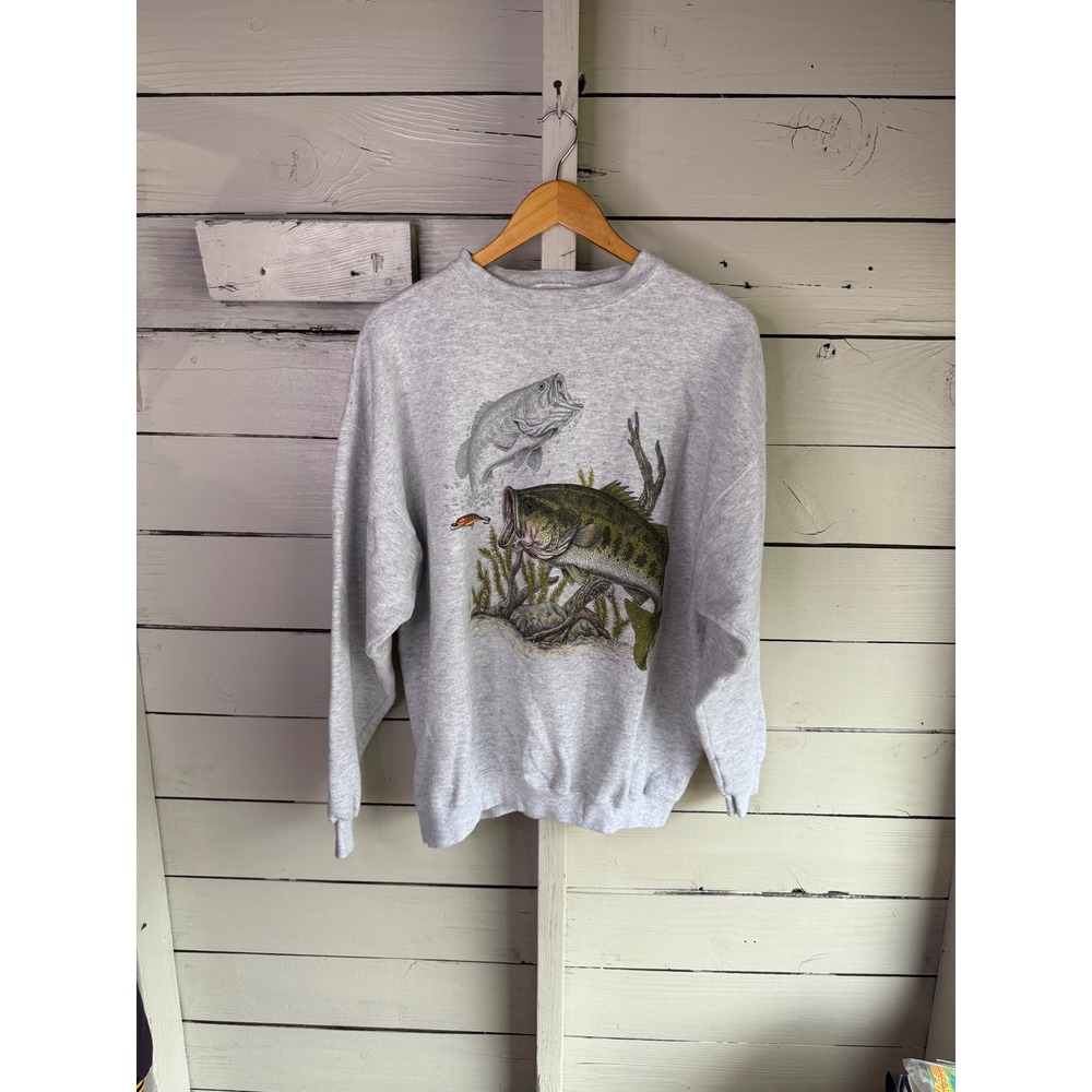 Vintage Tultex Superweight Bass Fishing Sweatshirt Mens XL Gray Made in USA 90s